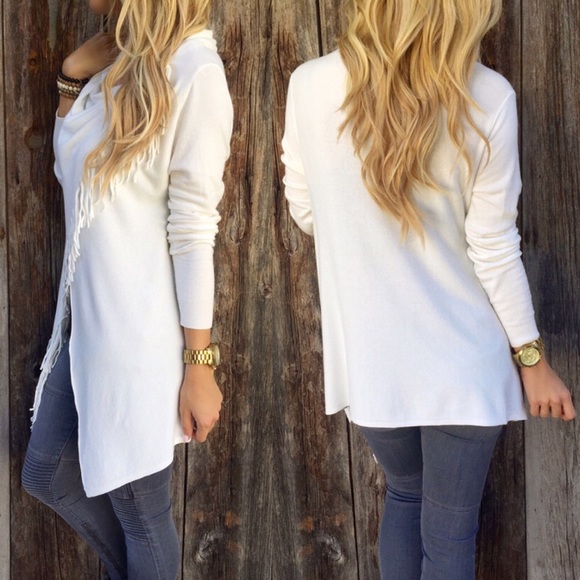 Fringe Trim Cowl Neck Wrap Style Sweater Ivory - Picture 5 of 7